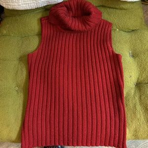 Red cowl neck sleeveless cable knit sweater